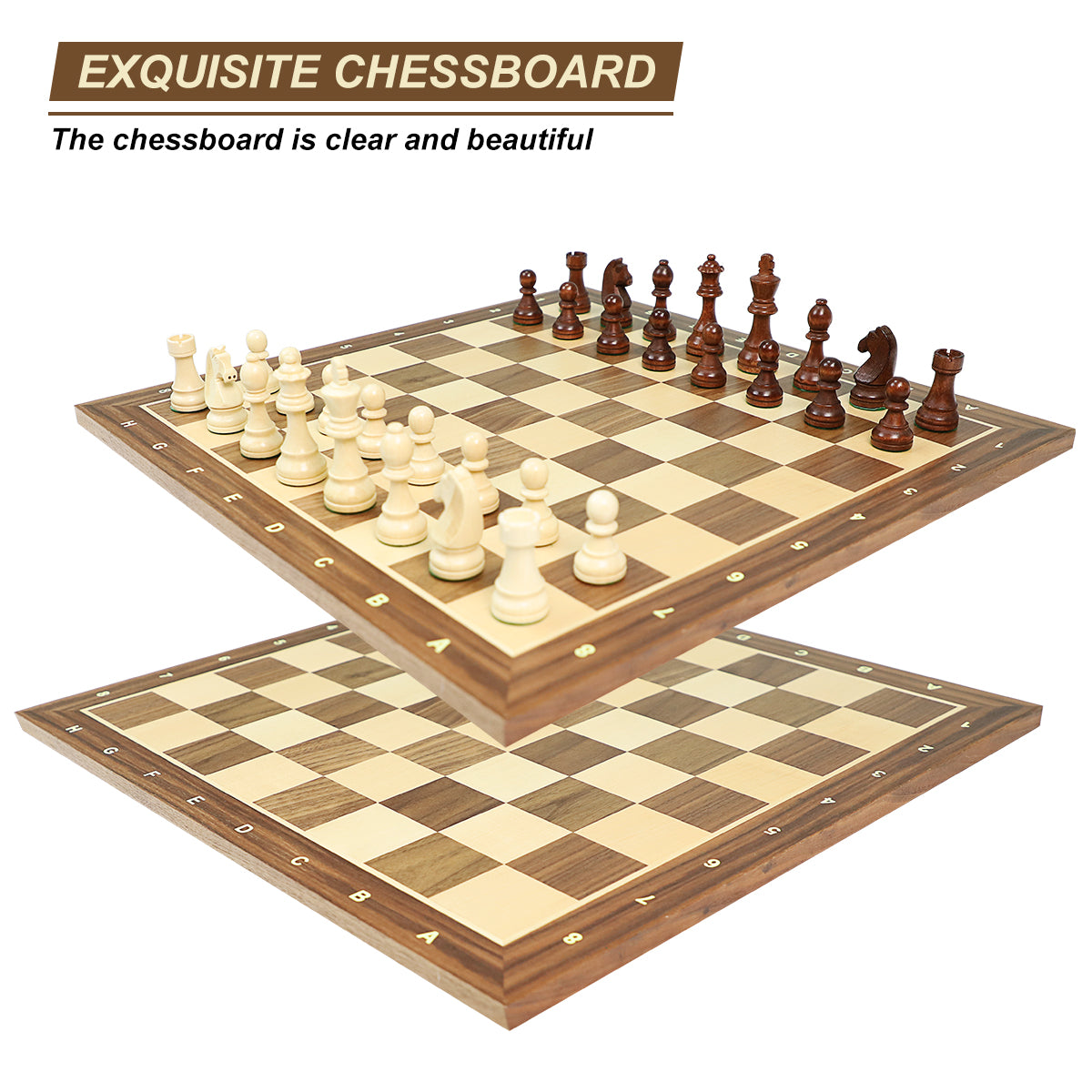 50cm Walnut Wooden Chess Board - With Letters & Numbers